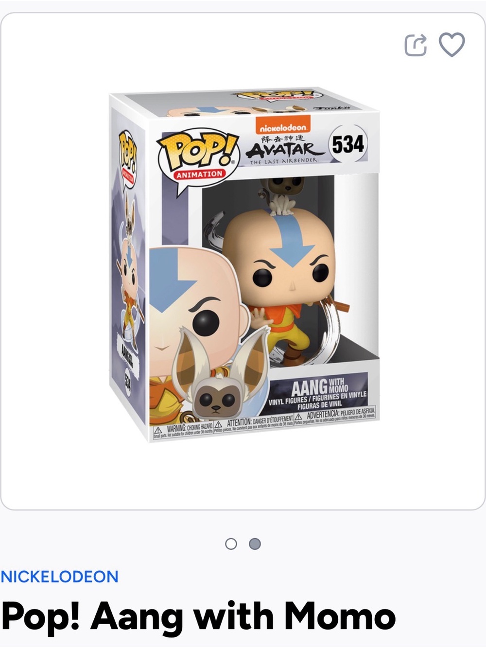 Nickelodeon Pop! Aang & Momo Vinyl Figure - Blue, Cream & Orange- 534